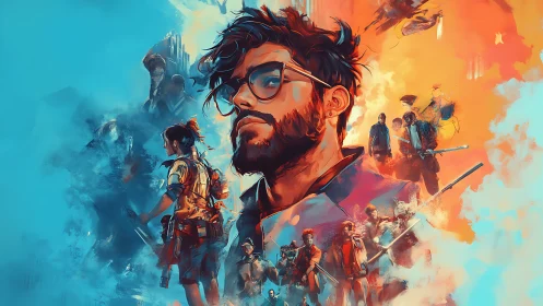 Heroic strategist framed by dual-color battle chaos