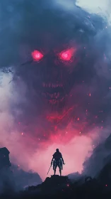 Solitary figure facing vast red-eyed smoke entity presence.