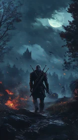 Armored swordsman advances on storm-lit forest castle at night