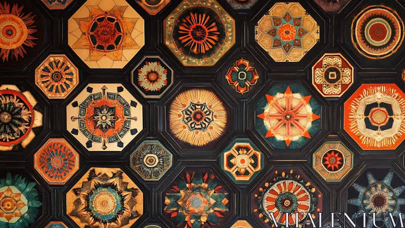 Radiant geometric mandalas glow in a warm patterned tapestry