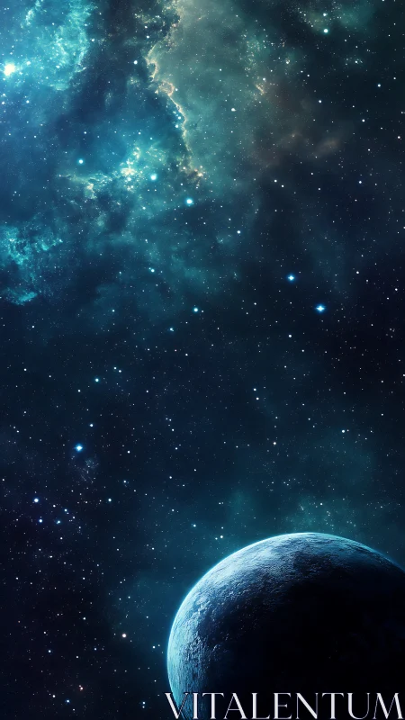 Frozen twilight planet under teal nebula hush of stars.