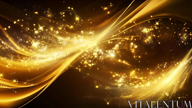Radiant golden light waves and sparkling stars in abstract digital art.