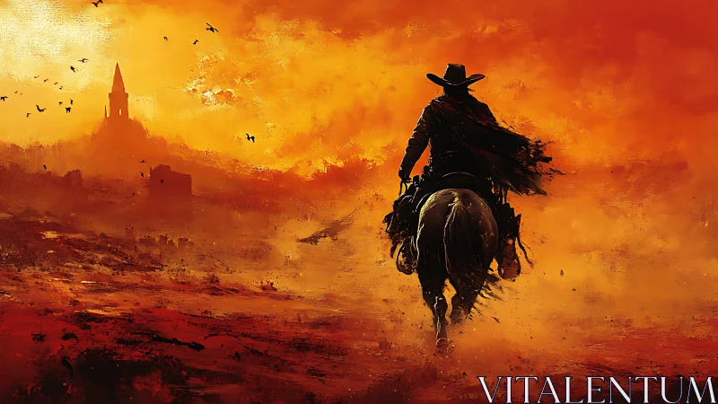 Lone rider moves toward a glowing frontier town at sunset