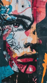 Expressive urban portrait in layered geometric graffiti color.