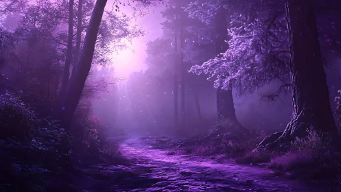 Mystical Forest Pathway Illuminated by Ethereal Purple Luminescence