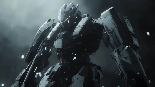 Heavily armored combat mech in dark cinematic lighting.