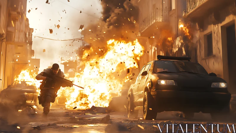 Urban Inferno: Solitary Hero Amid Cascading Destruction.