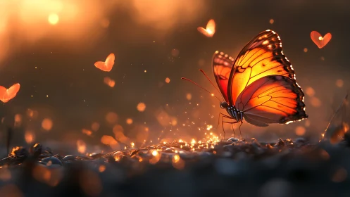 Luminous orange butterfly glows amid golden bokeh sparks.