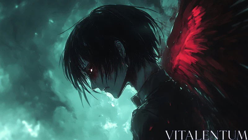 Brooding dark angel with crimson wings in stormlight.