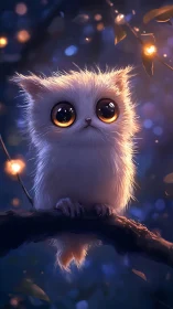 Digital painting of wide-eyed owl creature on twilight branch.