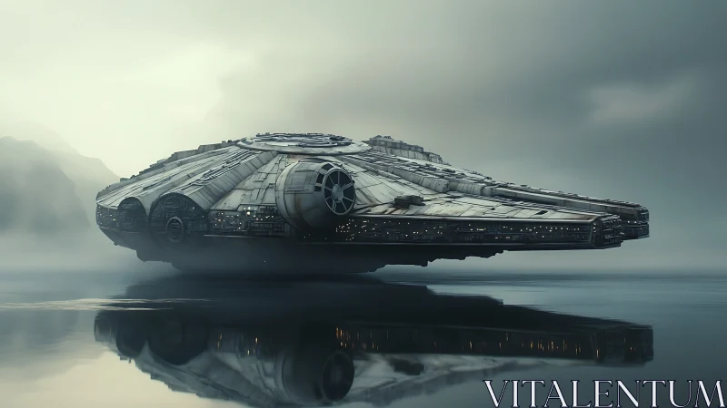 Futuristic cargo starship hovers low above misty reflective lake