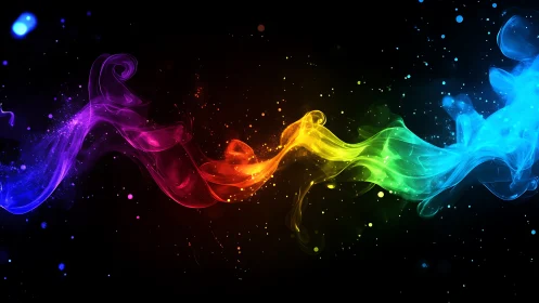 Vibrant rainbow smoke wave against deep black background.