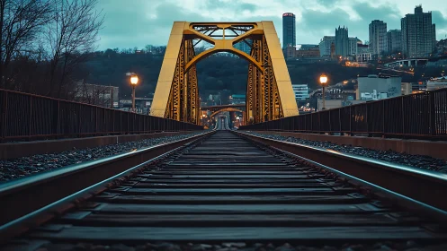 Symmetrical railway bridge perspective with urban skyline framing.
