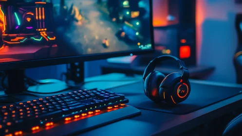 RGB gaming desk setup glows with neon peripheral lighting.