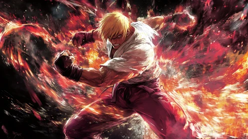 Dynamic martial artist unleashes fire-infused punch in motion