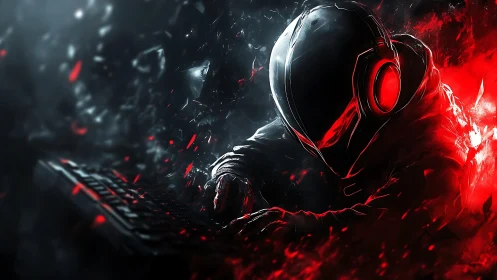 Hooded cyber gamer at keyboard in red and black glow.