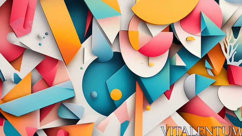 Colorful geometric shapes dance in a playful layered collage