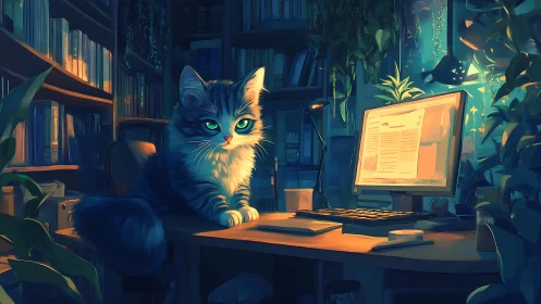 Feline Hacker in Bioluminescent Workspace: Digital Painting.
