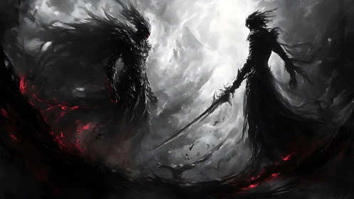 Shadow warriors locked in a dark stormy confrontation.