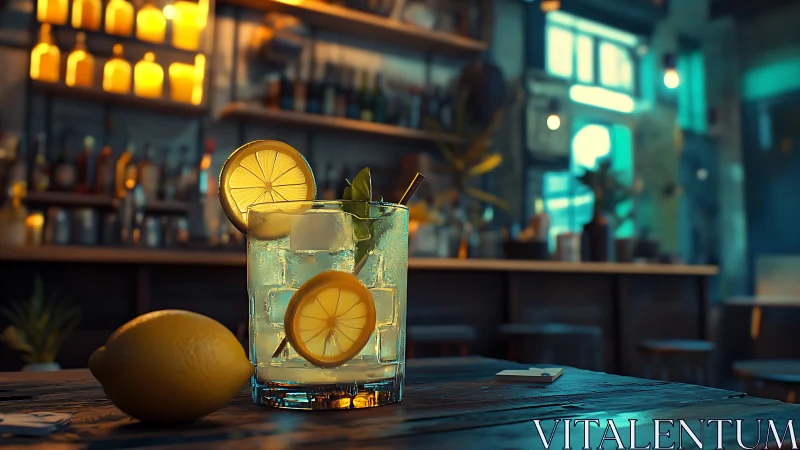 Refreshing citrus cocktail glows under ambient bar lighting