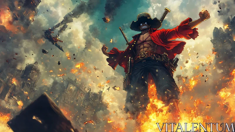 Sky-scorched swordsman strides through a burning warstorm.