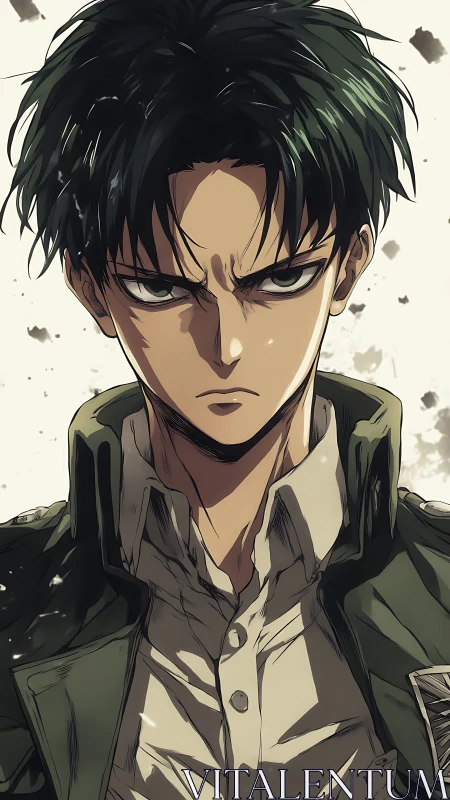 Stoic anime soldier stares ahead with intense resolve.