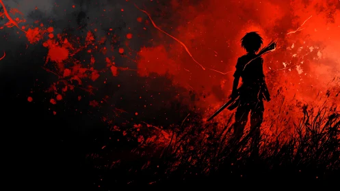 Silhouetted warrior against red storm sky at dusk.