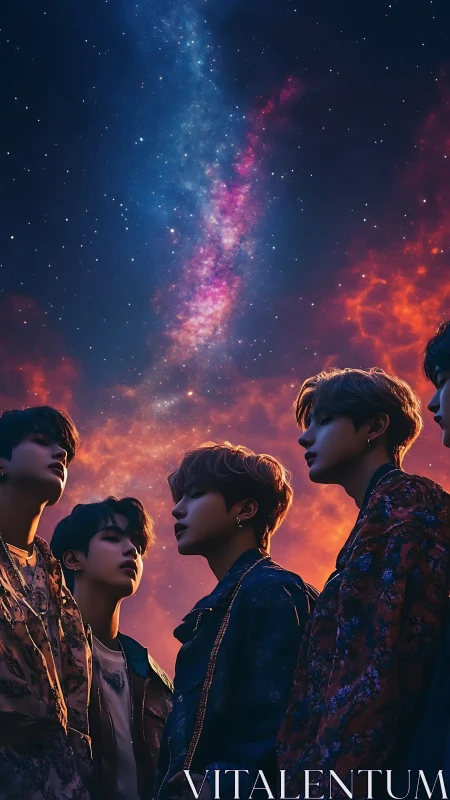 Stargazing silhouettes beneath vibrant cosmic nebula sky.