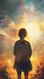 Girl with backpack facing glowing sky and clouds.