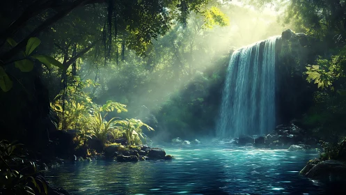 Waterfall flowing through dense forest canopy with sunlight penetration
