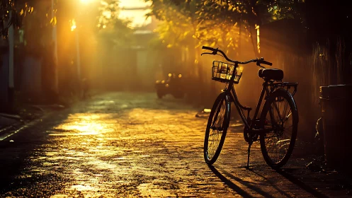 Bicycle with basket positioned in narrow alleyway during golden hour lighting