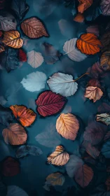 Colorful autumn leaves float on dark reflective water surface