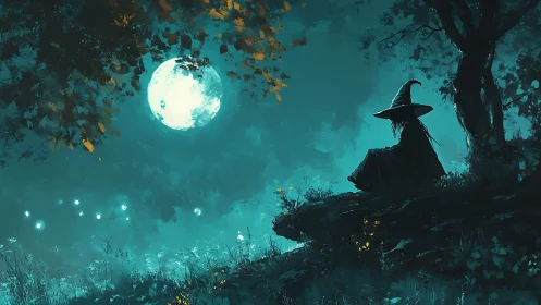 Lunar-lit witch silhouette on elevated forest outcrop at dusk.