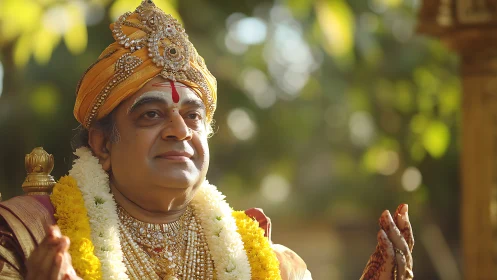 Elderly man in ornate traditional royal costume outdoors.