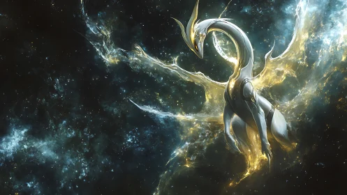 Celestial dragon construct glides through a glowing cosmic storm