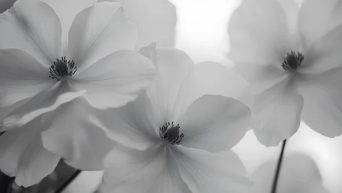 Delicate white cosmos flowers with dark stamens photographed in monochrome.