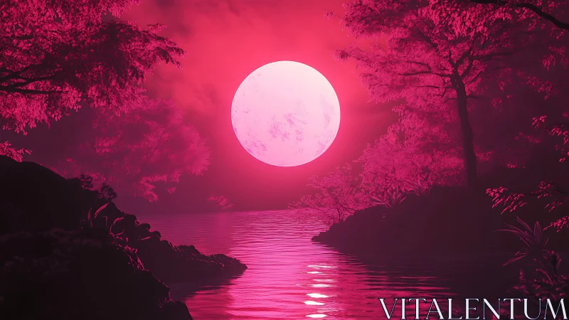 Neon magenta moonrise over reflective forest lake horizon.