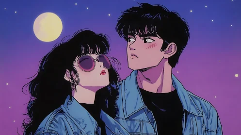 Two youths in denim jackets under moonlit gradient sky.