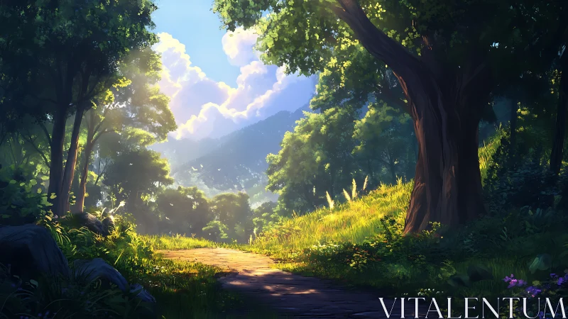 Sunlit Forest Pathway Through Towering Trees and Distant Mountains.