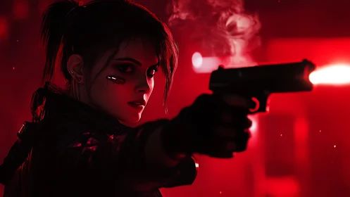 Cybernetic operative discharging sidearm in neon red bloom.