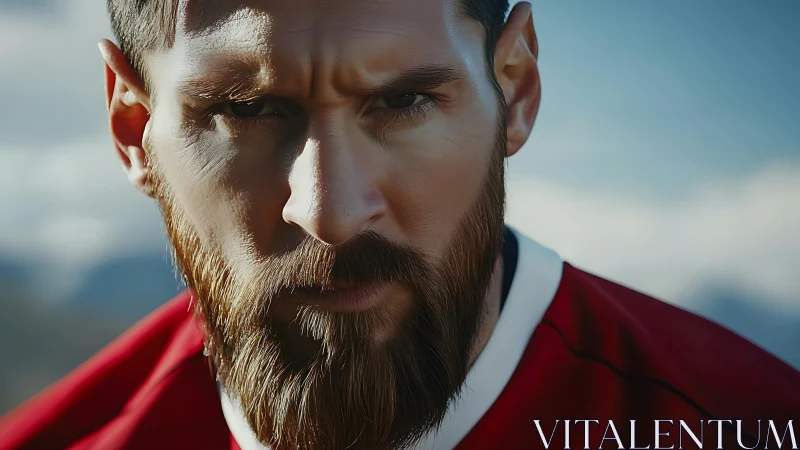 Steely gaze of a focused athlete under open sky.