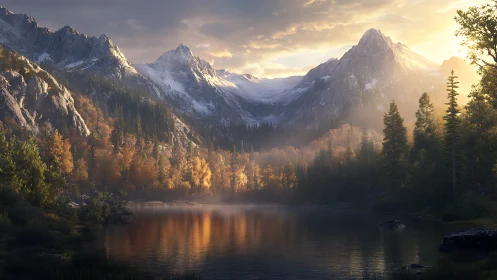 Sunlit alpine lake reflects autumn forest under snowy peaks