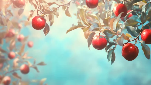 Sunlit red apples suspended on soft pastel bokeh background.