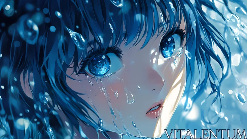 Blue haired anime girl under cascading water gazes upward
