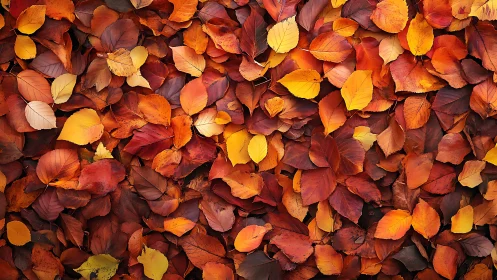 Autumn leaves form rich overlapping pattern in warm hues.