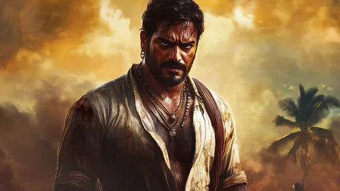 Brooding man in tropical sunset with dramatic sky backdrop.