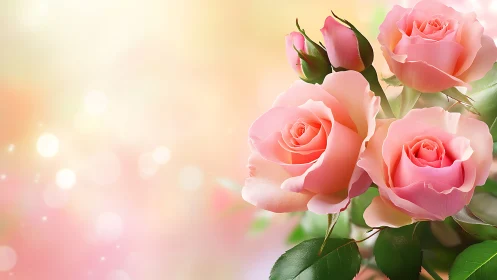Soft Pink Roses Against Warm Bokeh Light Gradient Background.
