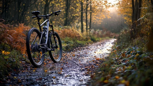 Mountain Bike Resting on Autumn Forest Trail at Golden Hour.