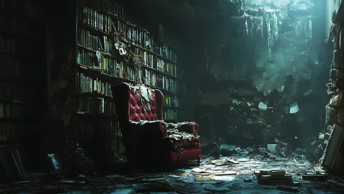 Decayed library interior with red armchair under cold skylight