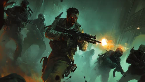 Undead assault squad storms a toxic green warzone.